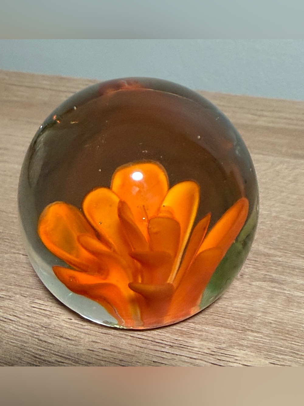 Orange Flower Art Glass Paperweight 2” Round Clear Floral Botanical Desk Decor